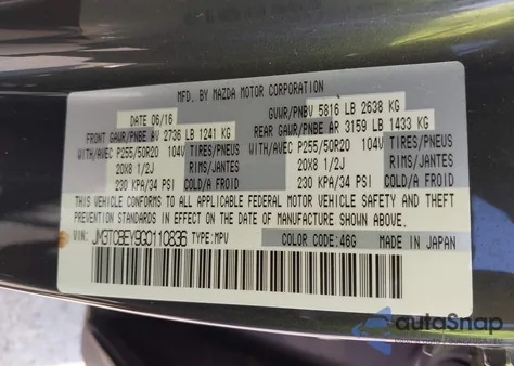 2016 Mazda Cx-9 Signature z USA, uszkodzony, nr VIN JM3TCBEY9G0110836